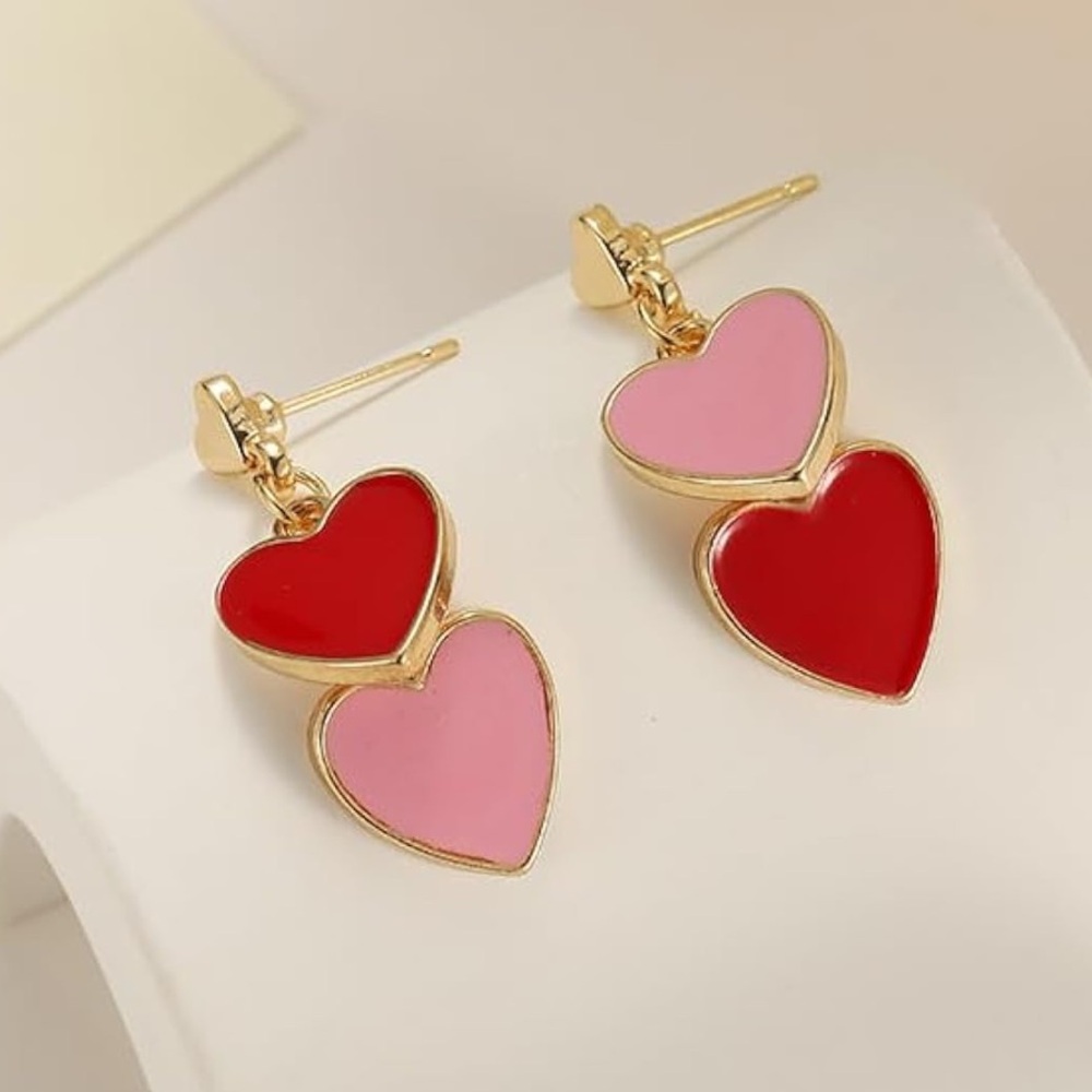 Gold and Red Heart Drop Earrings Valentine’s Day